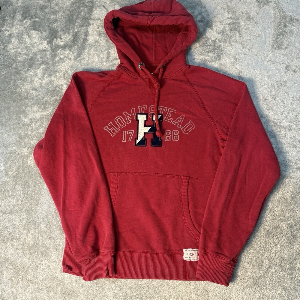 Champion Vintage Mens Hoodie M Red Homestead 1766 Pullover Sweatshirt